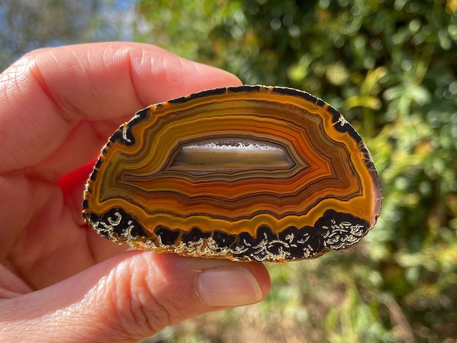 Lilangabi agate 63 mm – in-hand size reference, warm amber palette, waterlines and chromatism visible, Eswatini