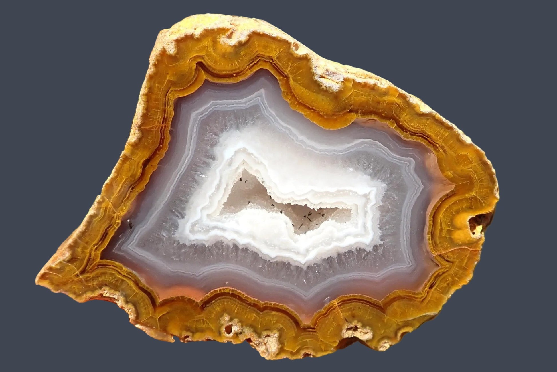 Lilangabi agate 70 mm – front face, fortification banding, amber and golden-ochre bands, floater with internal drusy vug, Eswatini