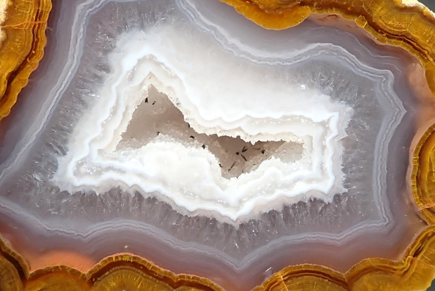 Lilangabi agate 70 mm – detail of floater island with internal drusy vug, blue-grey to white chalcedony centre, fortification banding