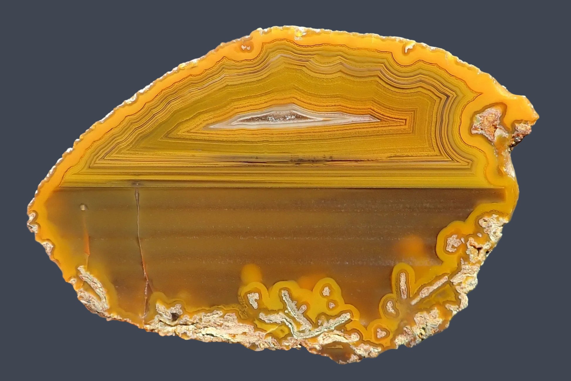 Lilangabi agate 87 mm – front face, angular fortification banding and central vug, deep golden amber and ochre
