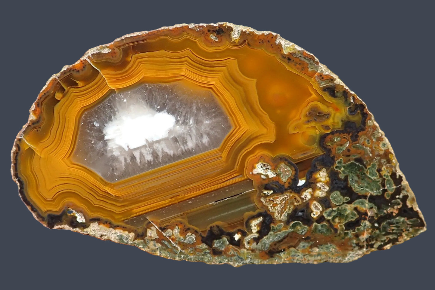 Lilangabi agate 86 mm – in-hand front view, fortification banding, floater, deep amber and burnt orange, Lebombo Mountains