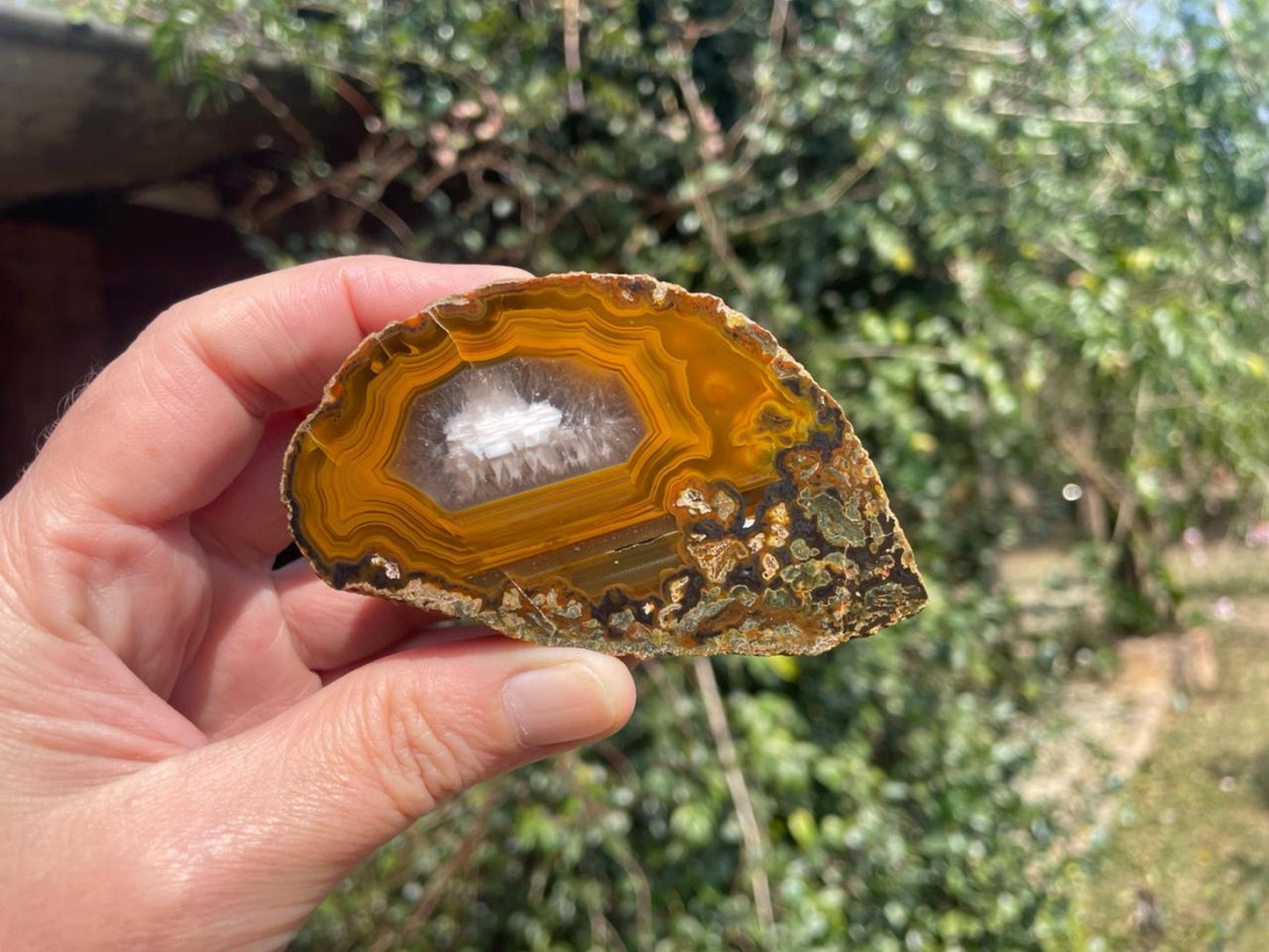 Lilangabi agate 86 mm – detail of angular fortification banding and waterlines, dendritic inclusions visible