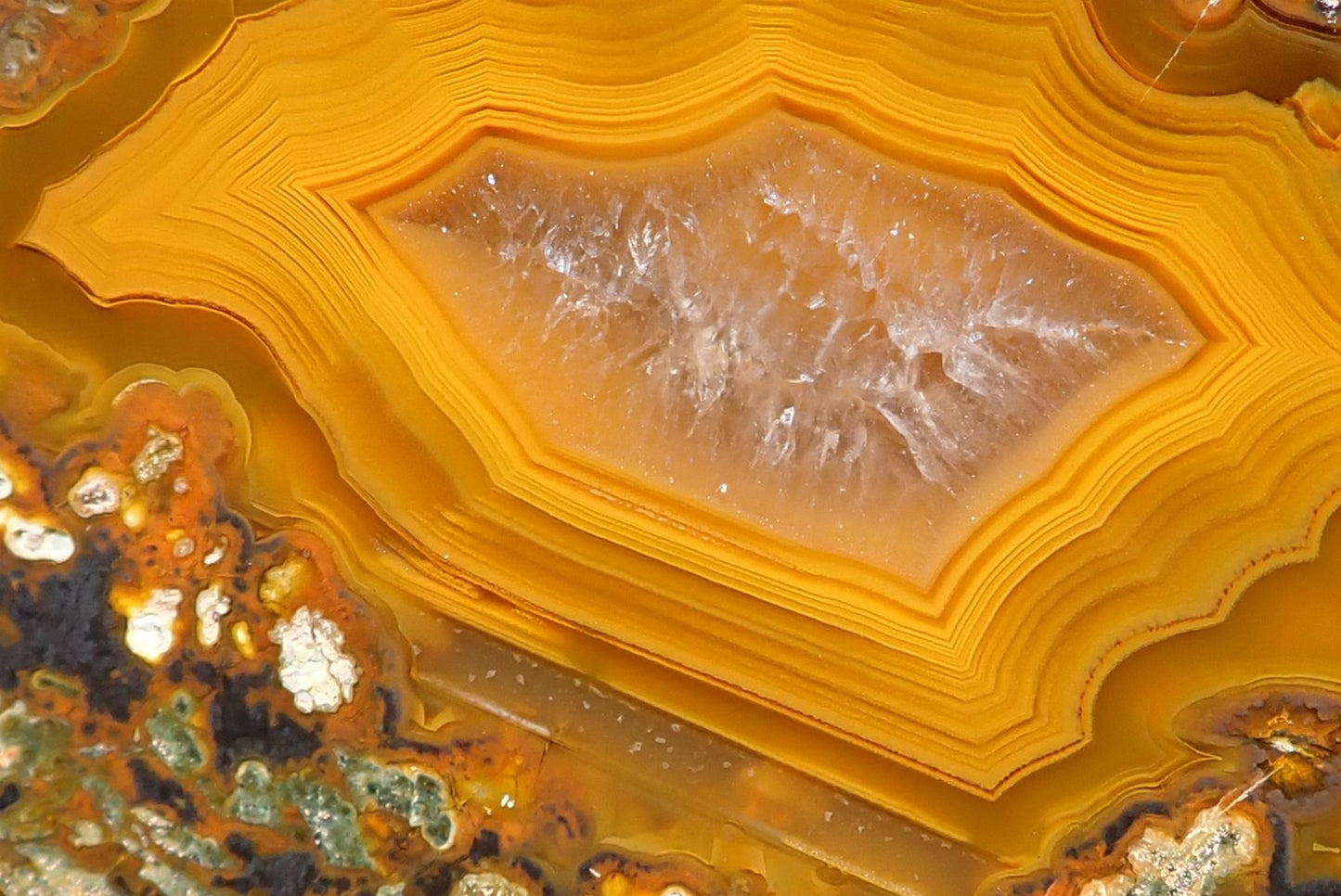Lilangabi agate 82 mm – detail of banding and waterlines, dendritic inclusions at lower margin