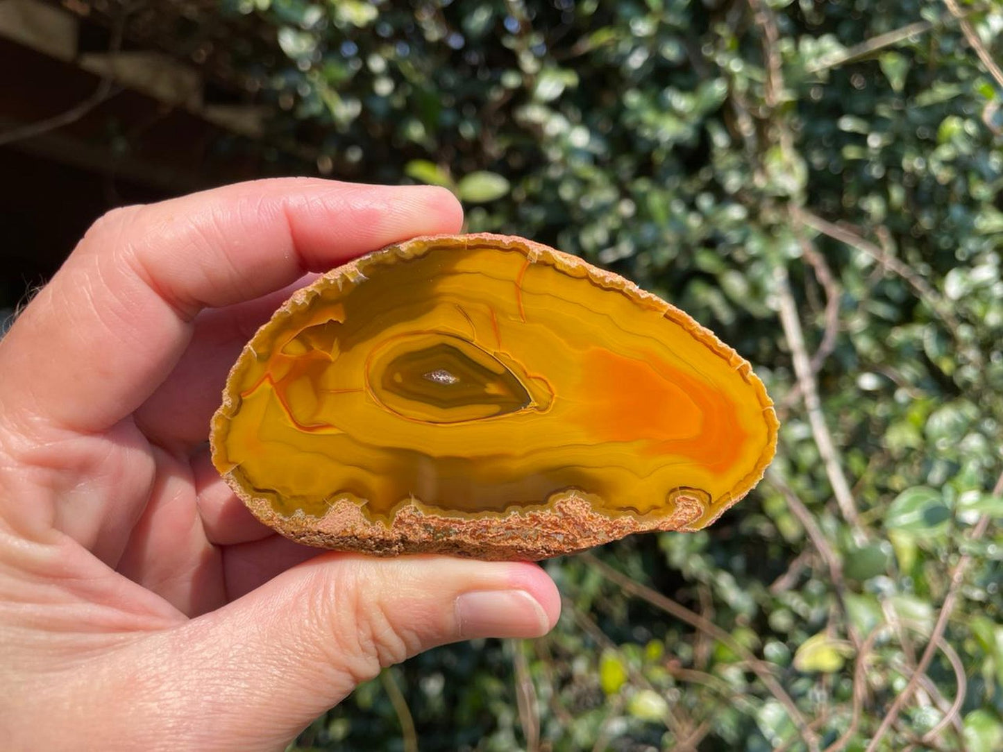 Lilangabi agate 86 mm – in-hand size reference, chromatography and drusy vug, burnt orange and amber tones