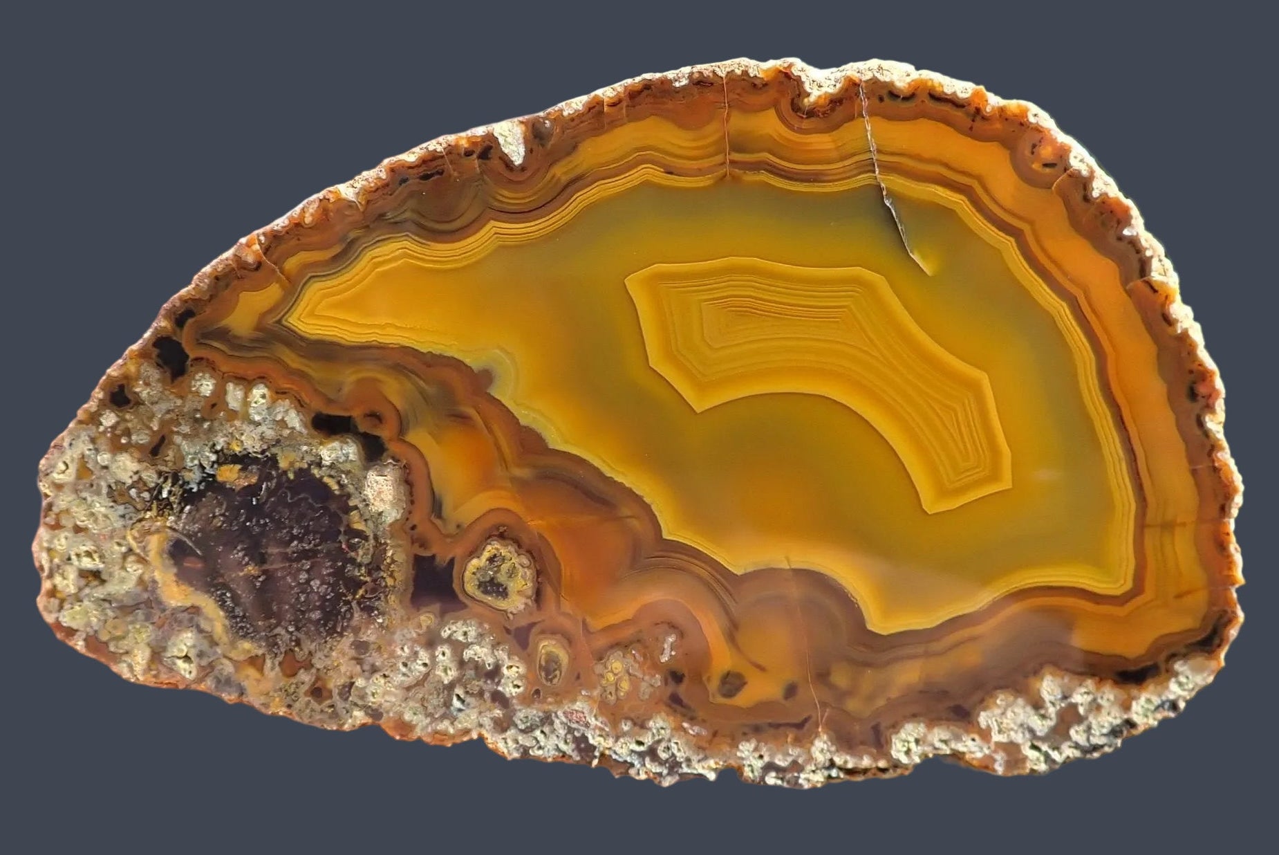 Lilangabi agate 97 mm – front view, parallax, fortification banding, deep amber and burnt orange chevron layers, Lebombo Mountains