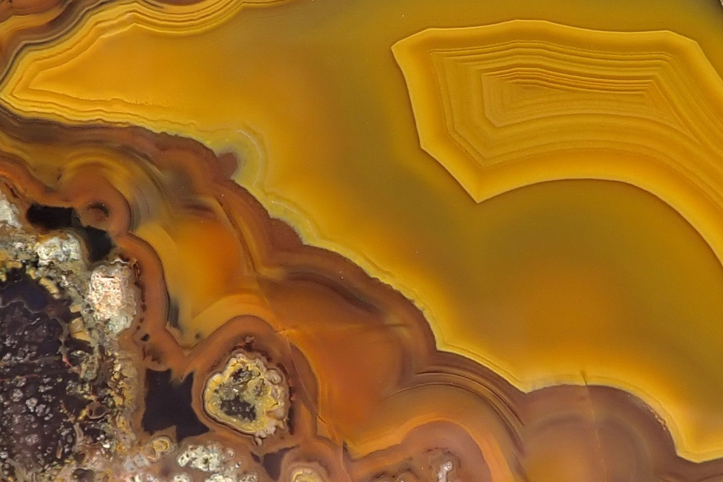 Lilangabi agate 97 mm – face detail, angular fortification banding, warm golden-yellow chalcedony centre, parallax
