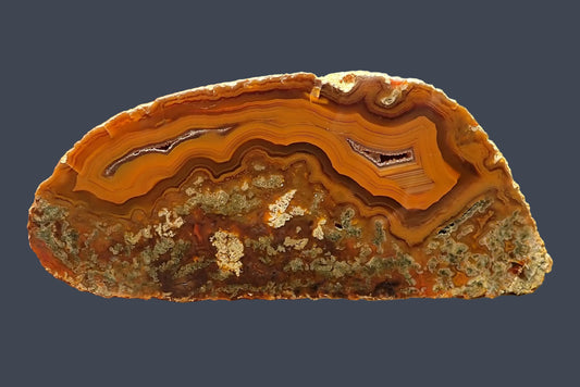 Lilangabi agate 102 mm – full face, scalloped banding in deep amber and burnt orange, twin drusy vugs, Lebombo Mountains