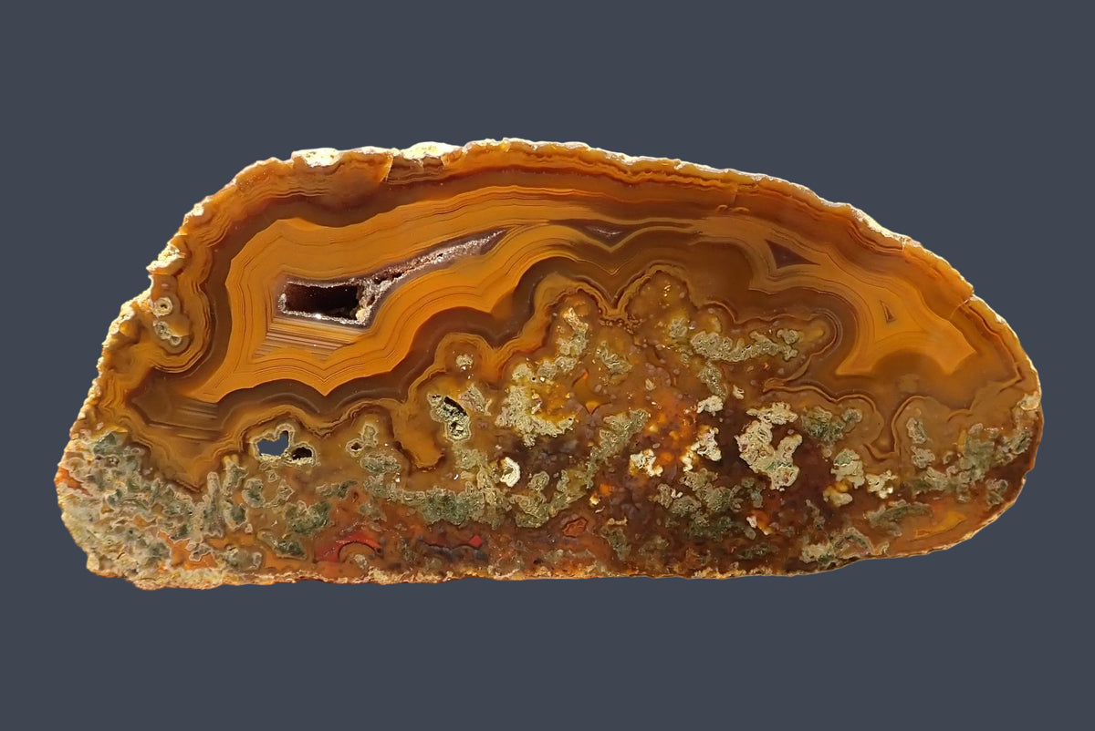 Lilangabi agate 99 mm – full face, scalloped banding in deep amber and burnt orange, twin drusy vugs upper left, Lebombo Mountains