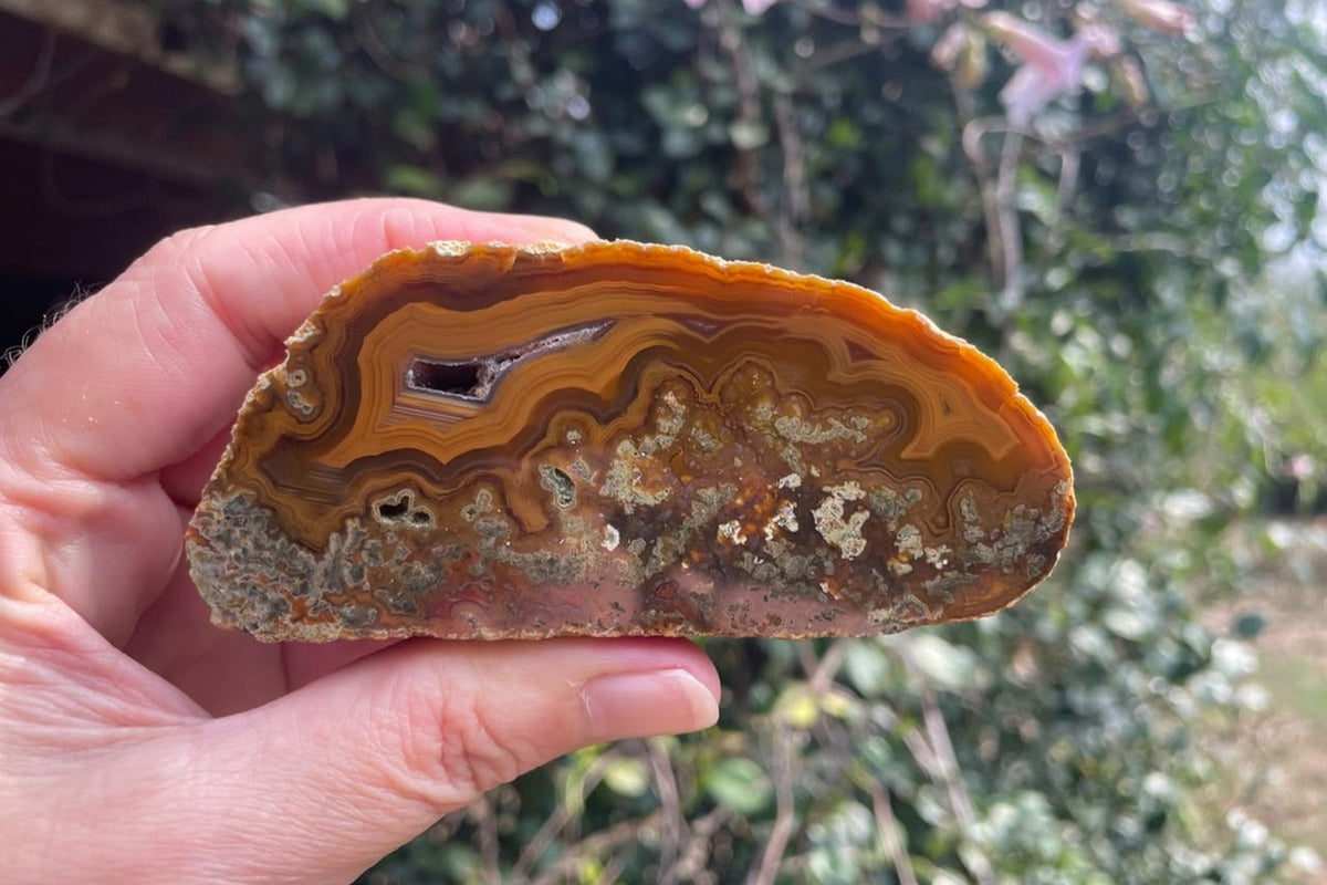 Lilangabi agate 99 mm – in-hand size reference, waterlines through mid-face, dense moss inclusions in golden ochre and sage