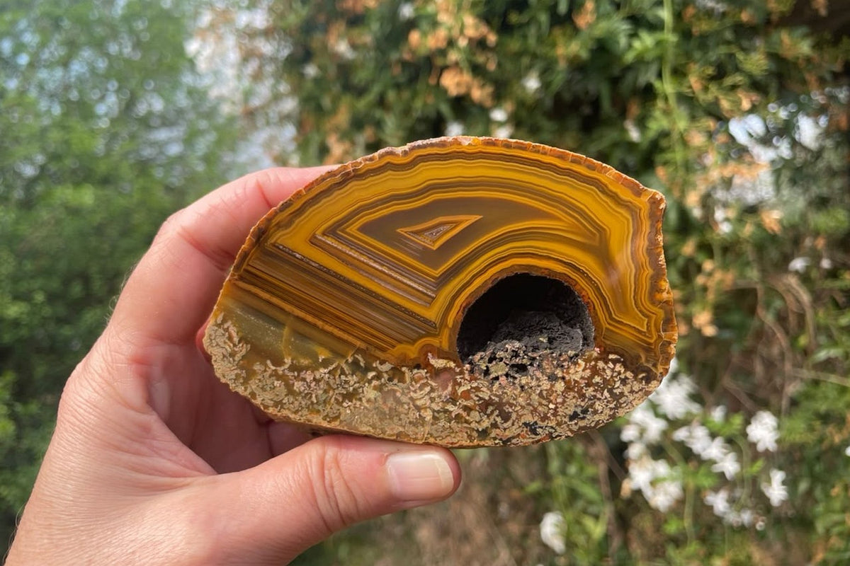 Lilangabi agate 102 mm – in-hand view for size reference, amber and gold banded face, Lebombo Mountains collector specimen