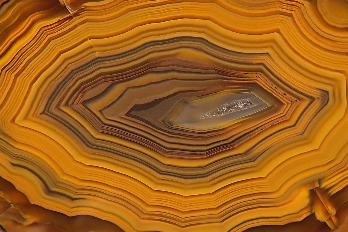 Lilangabi agate 74 mm – close-up of fortification banding, warm amber and orange-brown palette