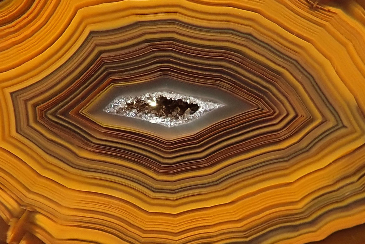 Lilangabi agate 71 mm – close-up of fortification banding and lens-shaped drusy vug, warm amber and burnt gold palette