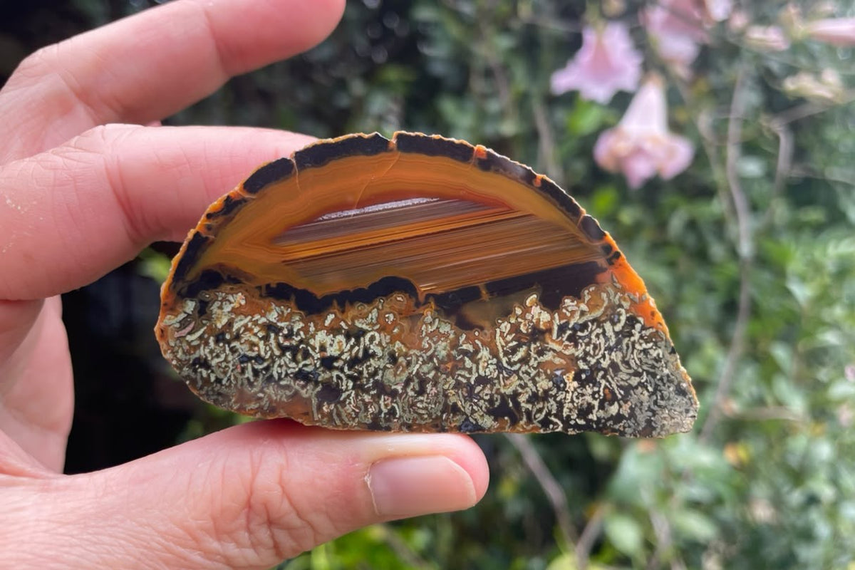 Lilangabi agate 77 mm – in-hand size reference showing the amber waterlines and moss-like patterning across the face.