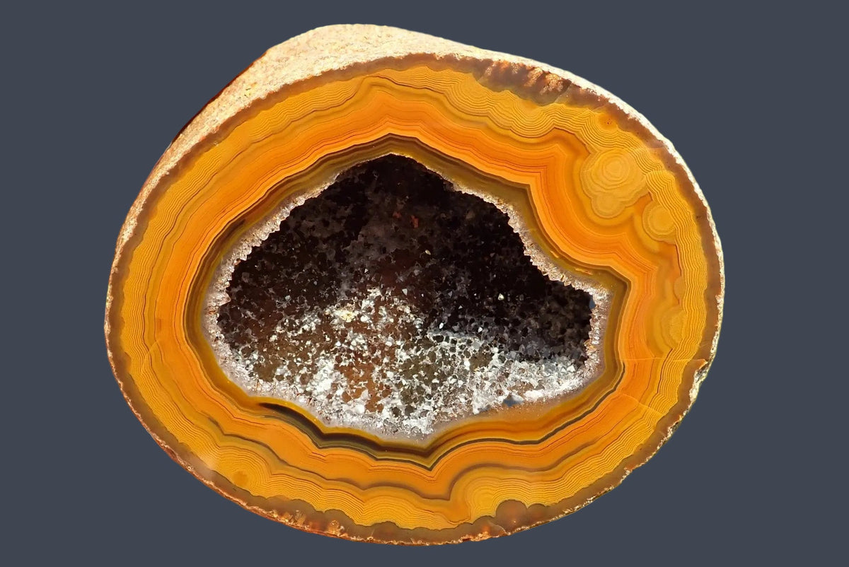 Lilangabi agate 74 mm, full face showing very fine fortification banding in golden yellow and amber, with narrow brown bands surrounding a large central drusy vug.