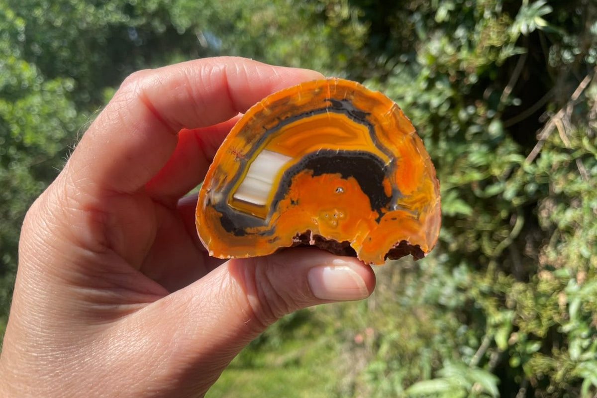 Lilangabi agate 60 mm – held for scale, showing cream-white waterlines, chromatography and curved dark bands within an orange-gold face.