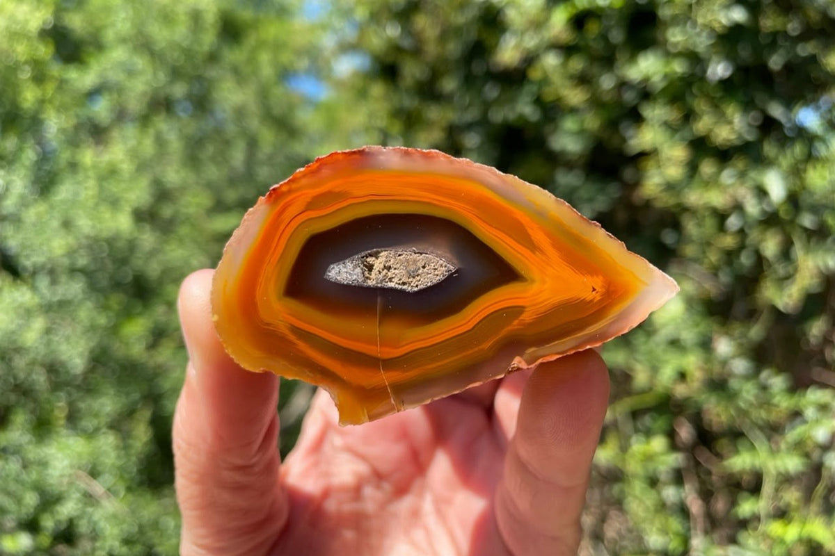 Lilangabi agate 68 mm – held in hand for scale, showing concentric orange and amber banding around a dark centre and central drusy vug.