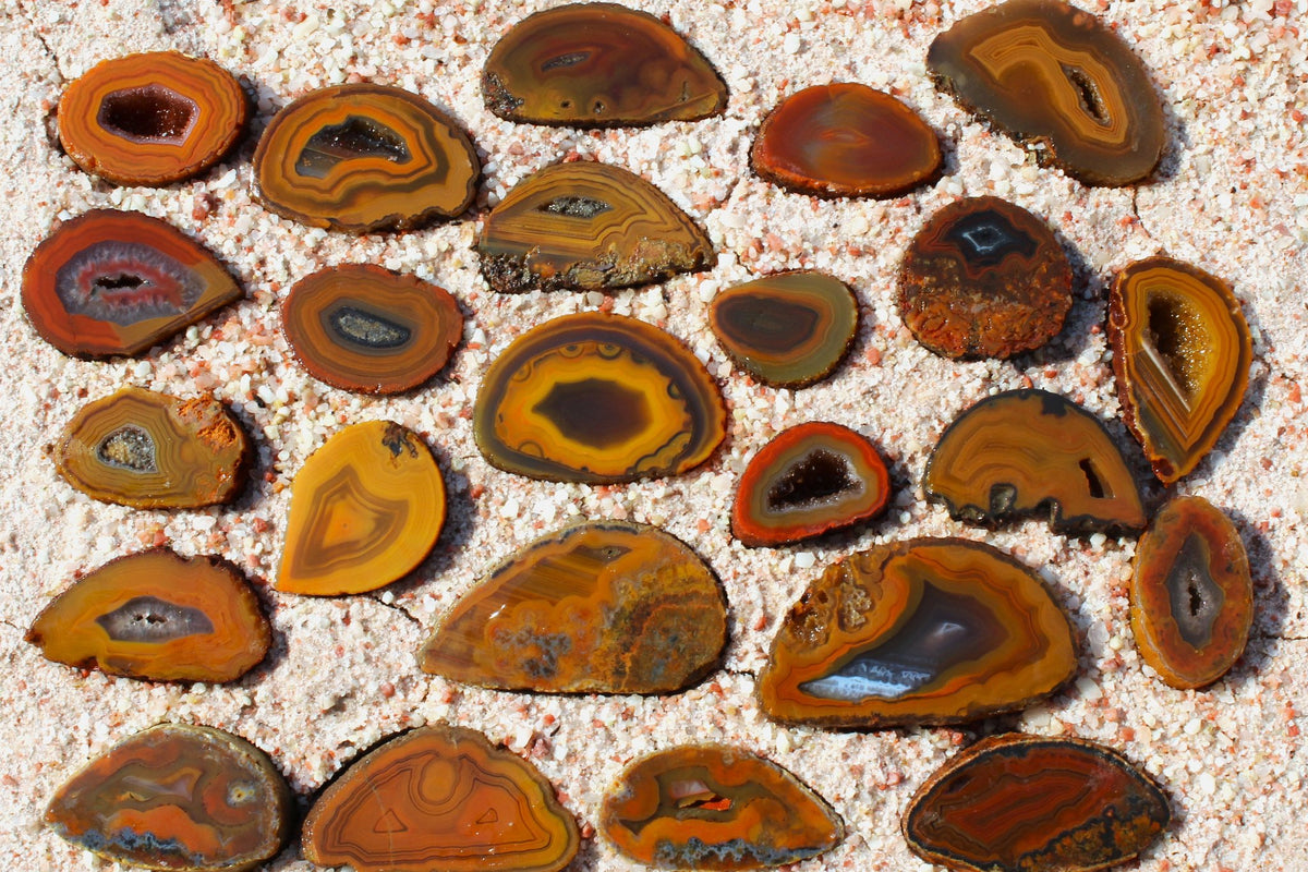 Cut Lilangabi agate poppers showing orange, golden yellow, brown and grey banding, with crystalline cavities in several nodules, arranged on sand