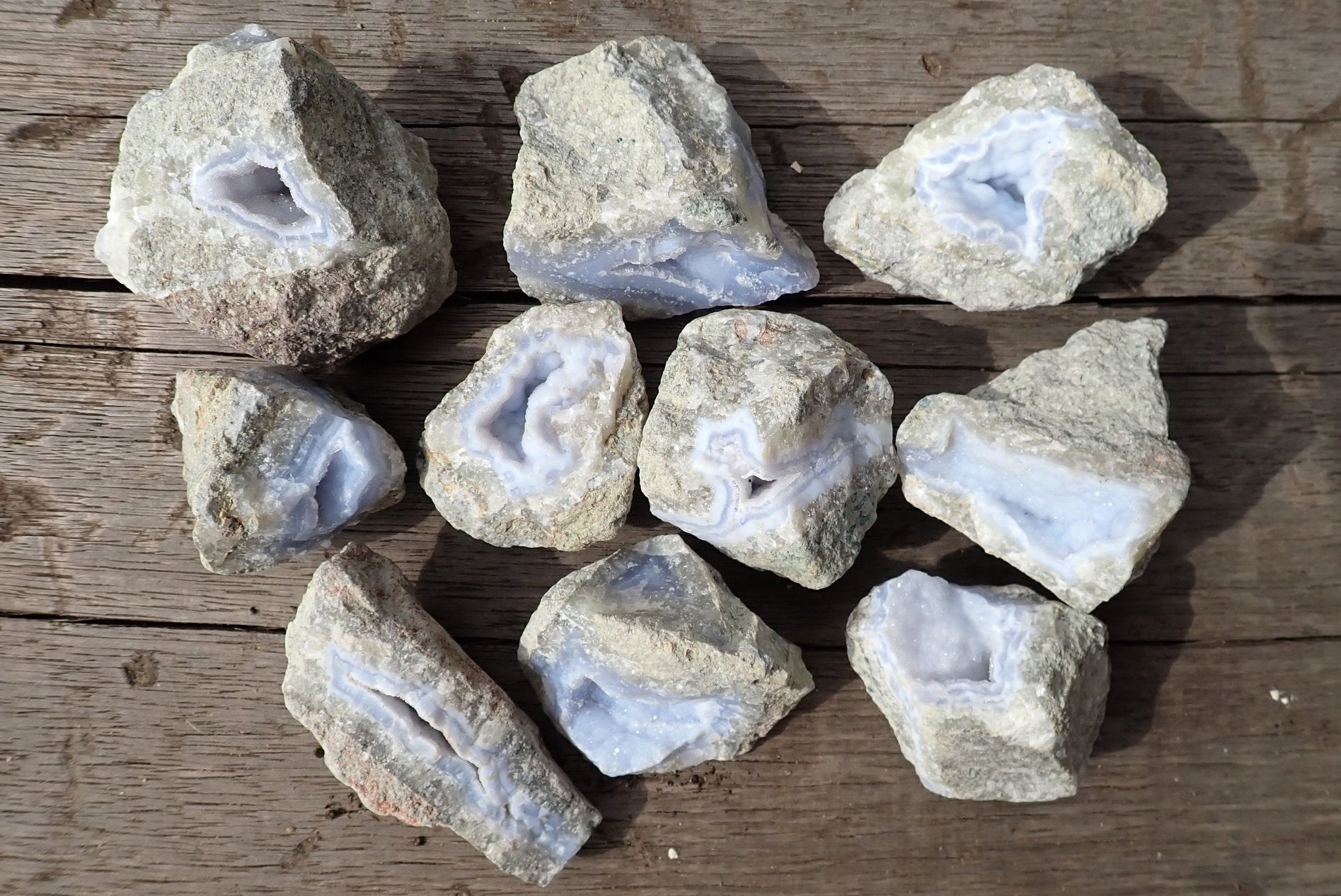 Blue Lace Agate lot 10 pcs – full batch view, natural nodules with drusy vugs, Nsanje Malawi