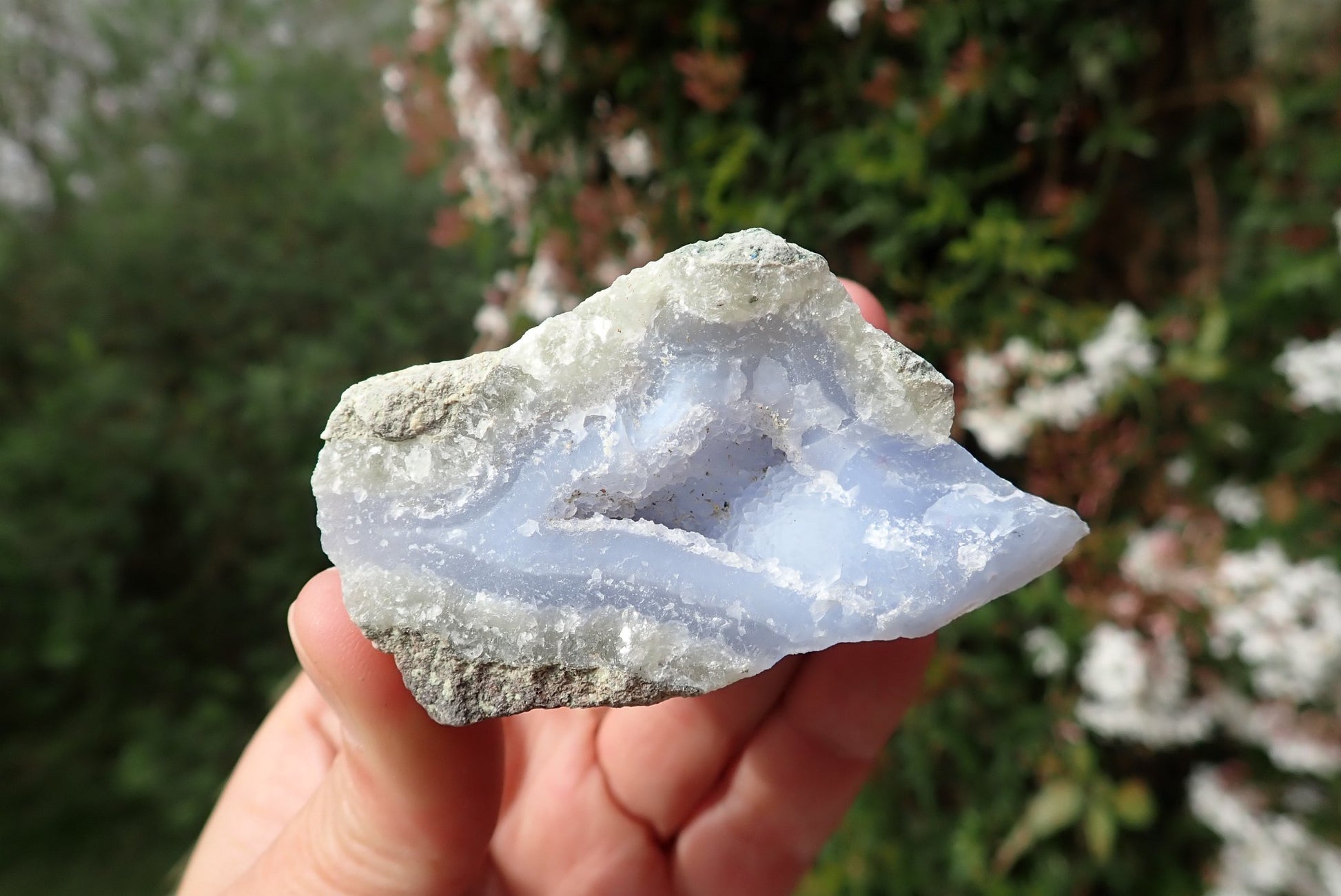 Blue Lace Agate nodule – in hand, blue-grey chalcedony interior, Nsanje Malawi