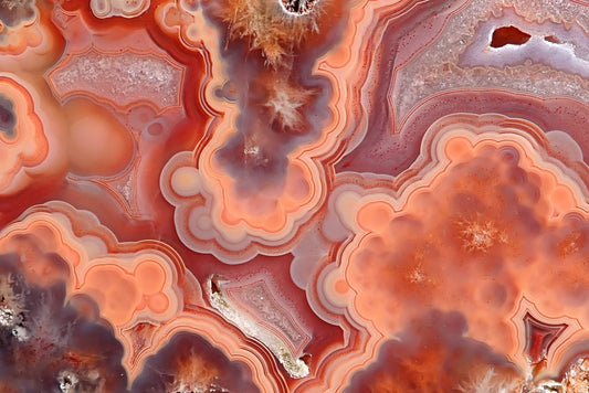 Malawi agate 96 mm – face detail, plume formations, pseudomorphs and scalloped banding, deep burgundy and cream-white contrast