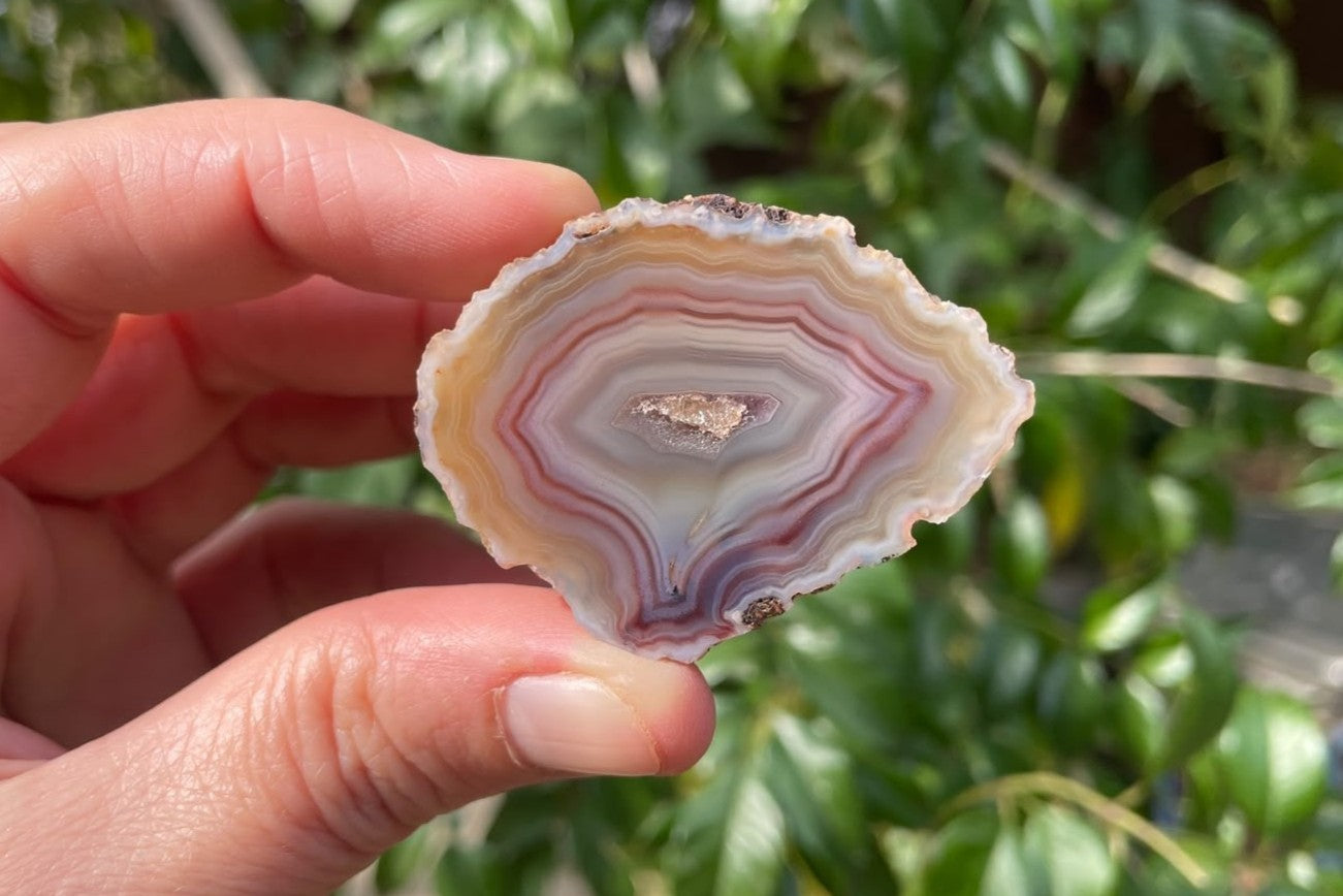 Malawi agate 47 mm – in-hand size reference, chromatography shift, cream to mauve to grey-blue banding