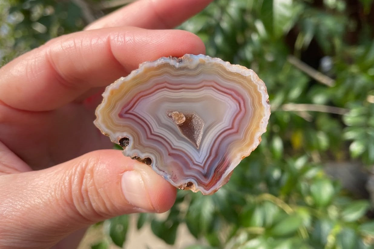 Malawi agate 47 mm – in-hand size reference, chromatography shift, warm taupe to deep mauve-purple banding