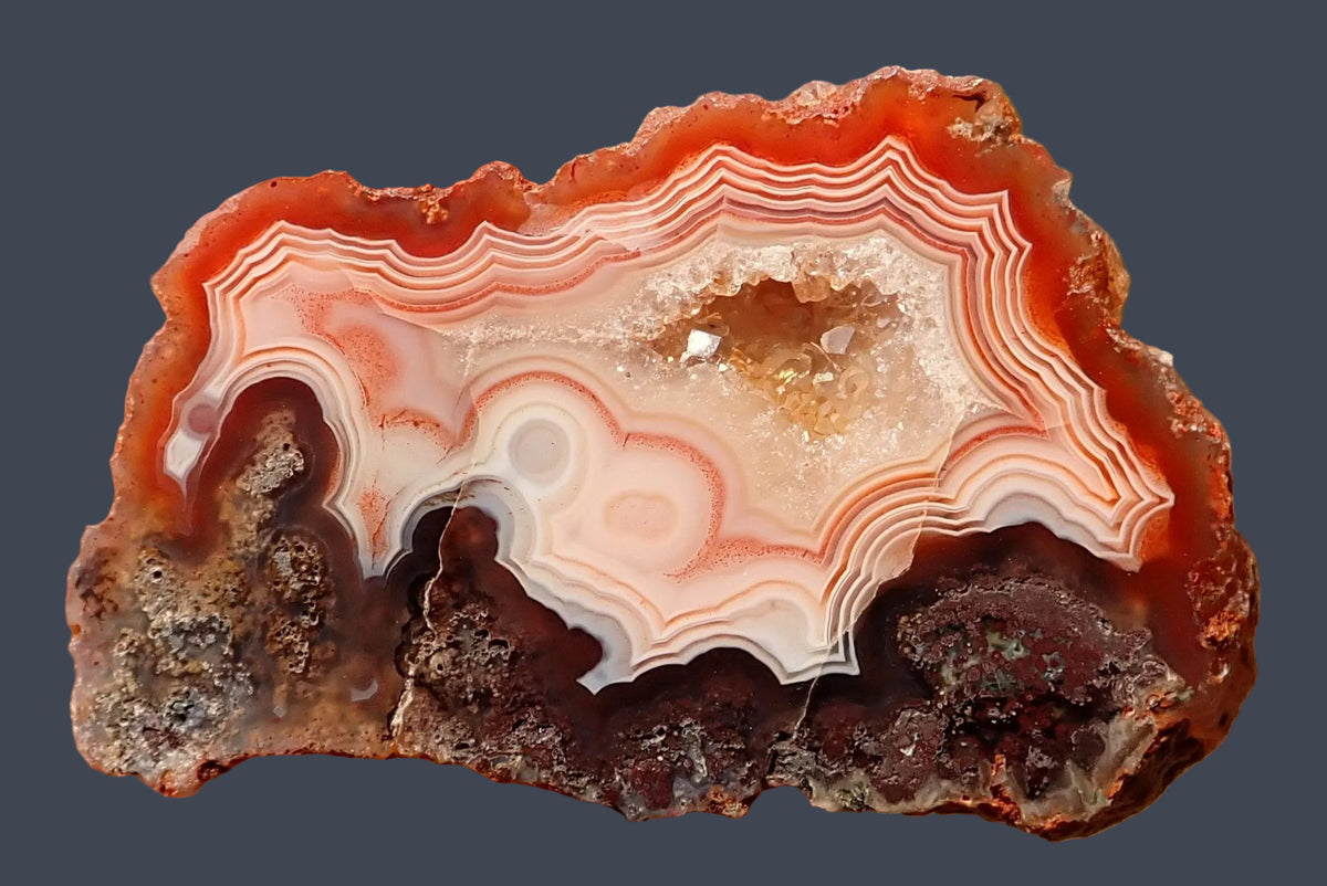 Malawi agate 57 mm – full specimen in hand, deep terracotta and coral scalloped banding, ghost banding, Ngabu origin