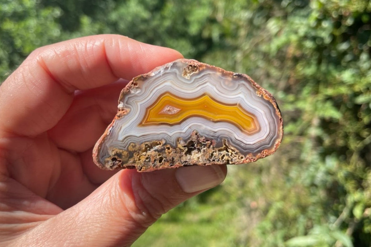 Malawi agate 57 mm, held in hand for scale, hand-polished collector specimen from Ngabu, Malawi.