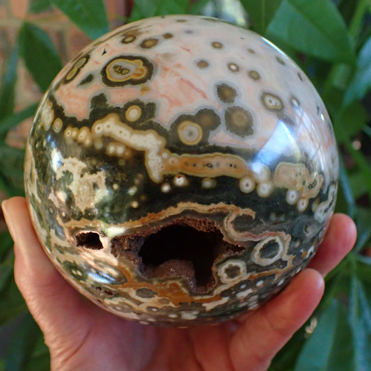 Ocean Jasper (Orbicular) Polished Sphere 115mm – cream and blush-pink face, well-defined orbicular patterning, 8th Vein Marovato Madagascar | SKU OM00004