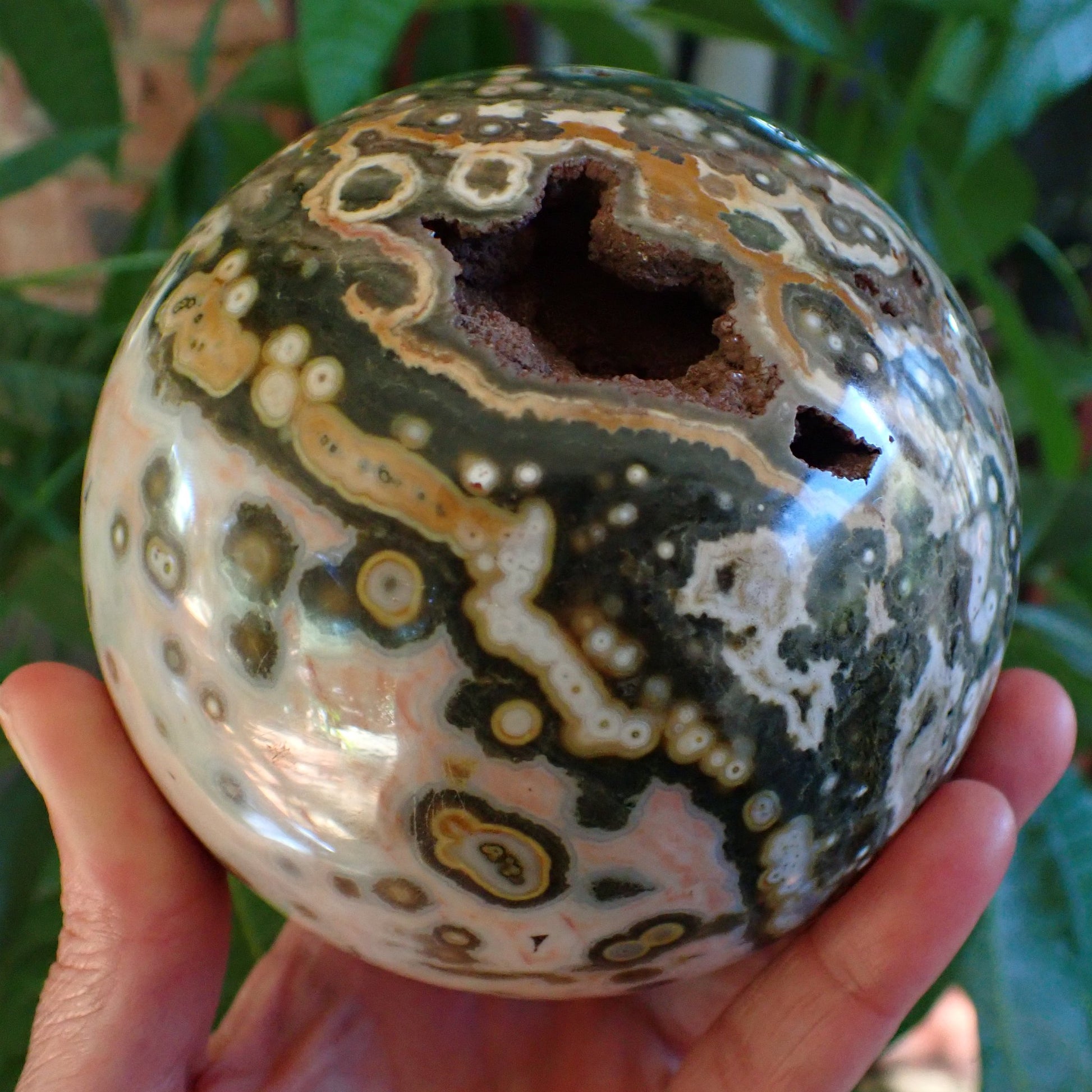 Ocean Jasper (Orbicular) Polished Sphere 115mm – cream face with scattered orb clusters, blush-pink chalcedony ground, 8th Vein Marovato Madagascar | SKU OM00004