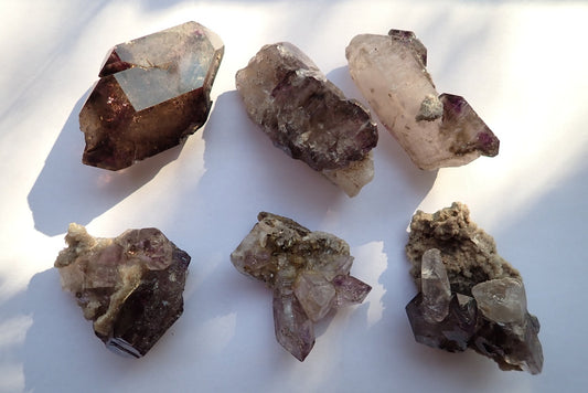 Shangaan Amethyst tray lot – selection of 6 crystals, elestial formations and phantoms, Chiredzi Zimbabwe