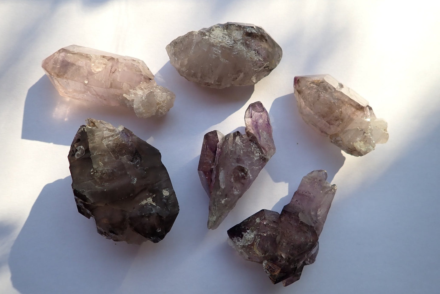 Shangaan Amethyst tray lot – selection of 6 crystals, smoky-amethyst combination, hematite inclusions