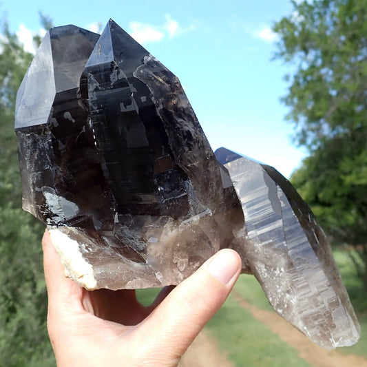 Smoky quartz crystal cluster from Zomba, Malawi, held in hand with large intergrown dark smoky-grey points and a lighter crystal extending to the right.