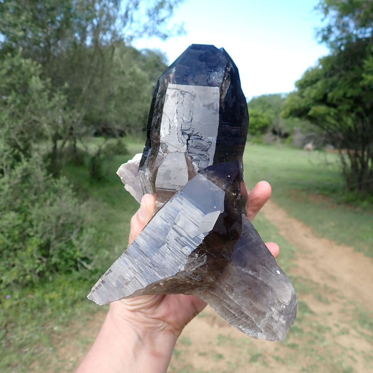 Smoky quartz cluster from Zomba, Malawi, side view showing intergrown crystals, reflective faces and a prominent outward-growing point.