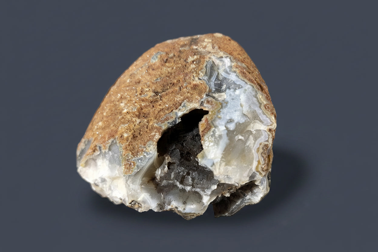 polished South African agate half nodule 91mm – natural iron-oxide rind, unworked exterior, collector specimen | SKU SA00001