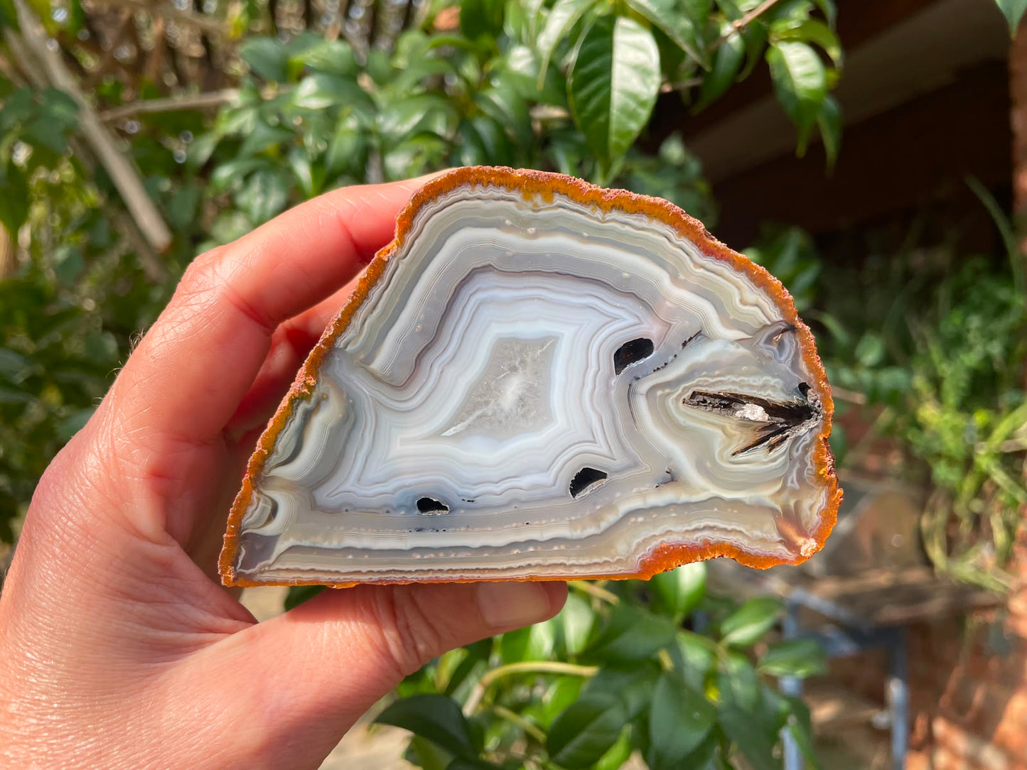 South African agate 104 mm – in-hand size reference, flow channel, perimorph, South Africa