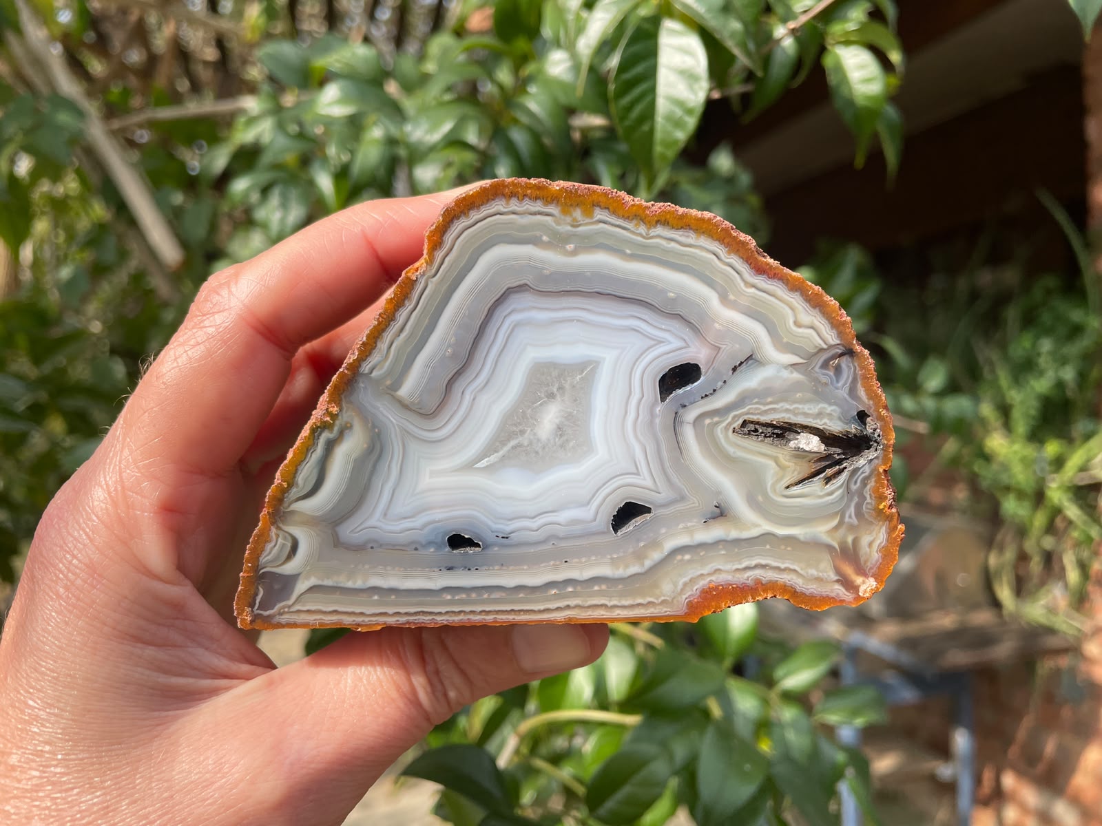 South African agate 104 mm – in-hand size reference, flow channel, perimorph, South Africa