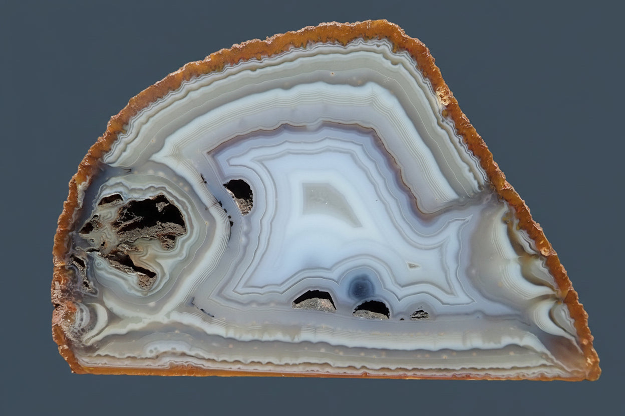 South African agate 102 mm – front face, flow channels and perimorphs, blue-grey chalcedony with concentric banding