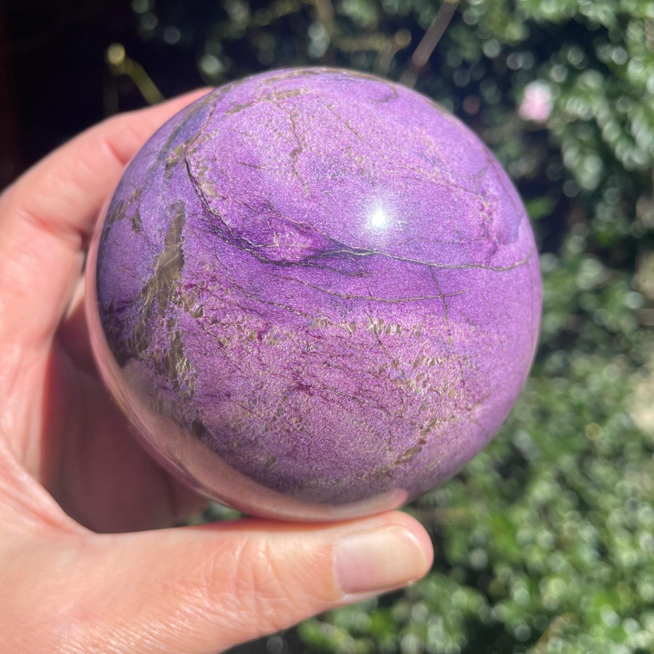 Stichtite Serpentine Atlantisite polished sphere 83mm – violet-purple Stichtite with prominent olive-khaki Serpentine matrix, Mpumalanga South Africa | SKU OM00001