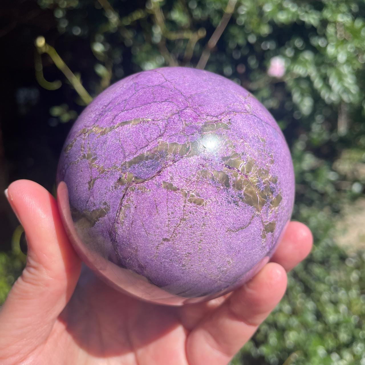 Stichtite Serpentine Atlantisite polished sphere 83mm – angled view showing Serpentine matrix distribution across lower half, Mpumalanga South Africa | SKU OM00001