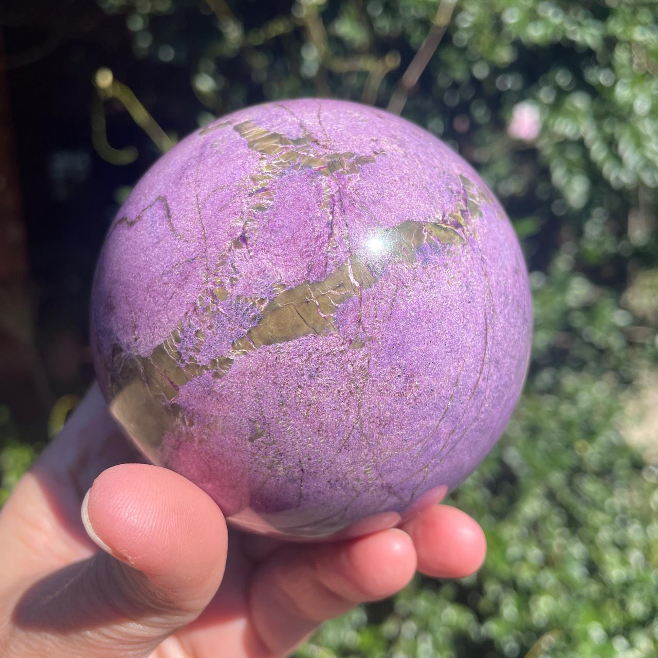 Stichtite Serpentine Atlantisite polished sphere 83mm – side angle, broad Serpentine matrix band visible, Mpumalanga South Africa | SKU OM00001