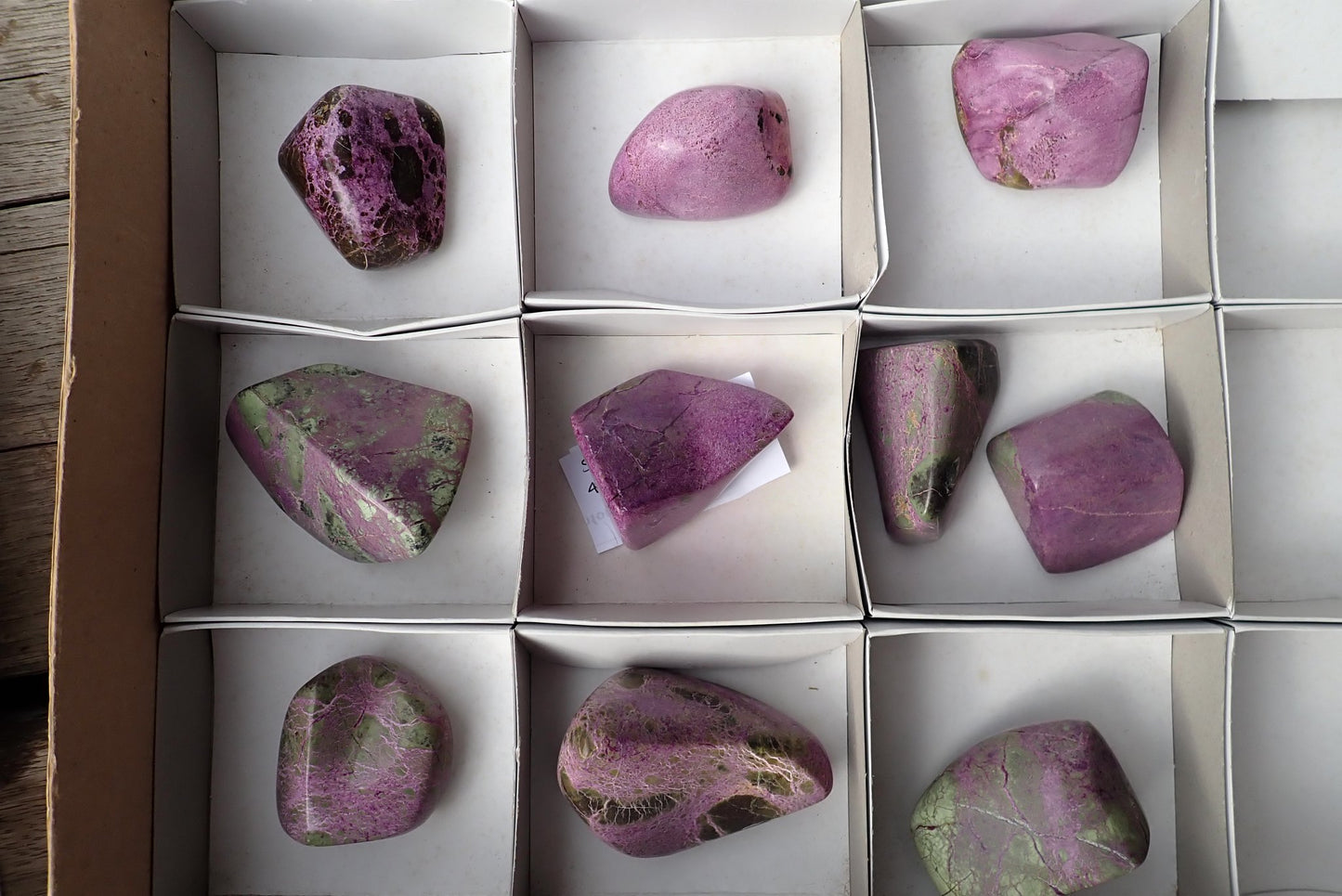 Stichtite-Serpentine freeform lot 10 pcs – full batch view, mixed purple and green, 43–77 mm, Barberton South Africa