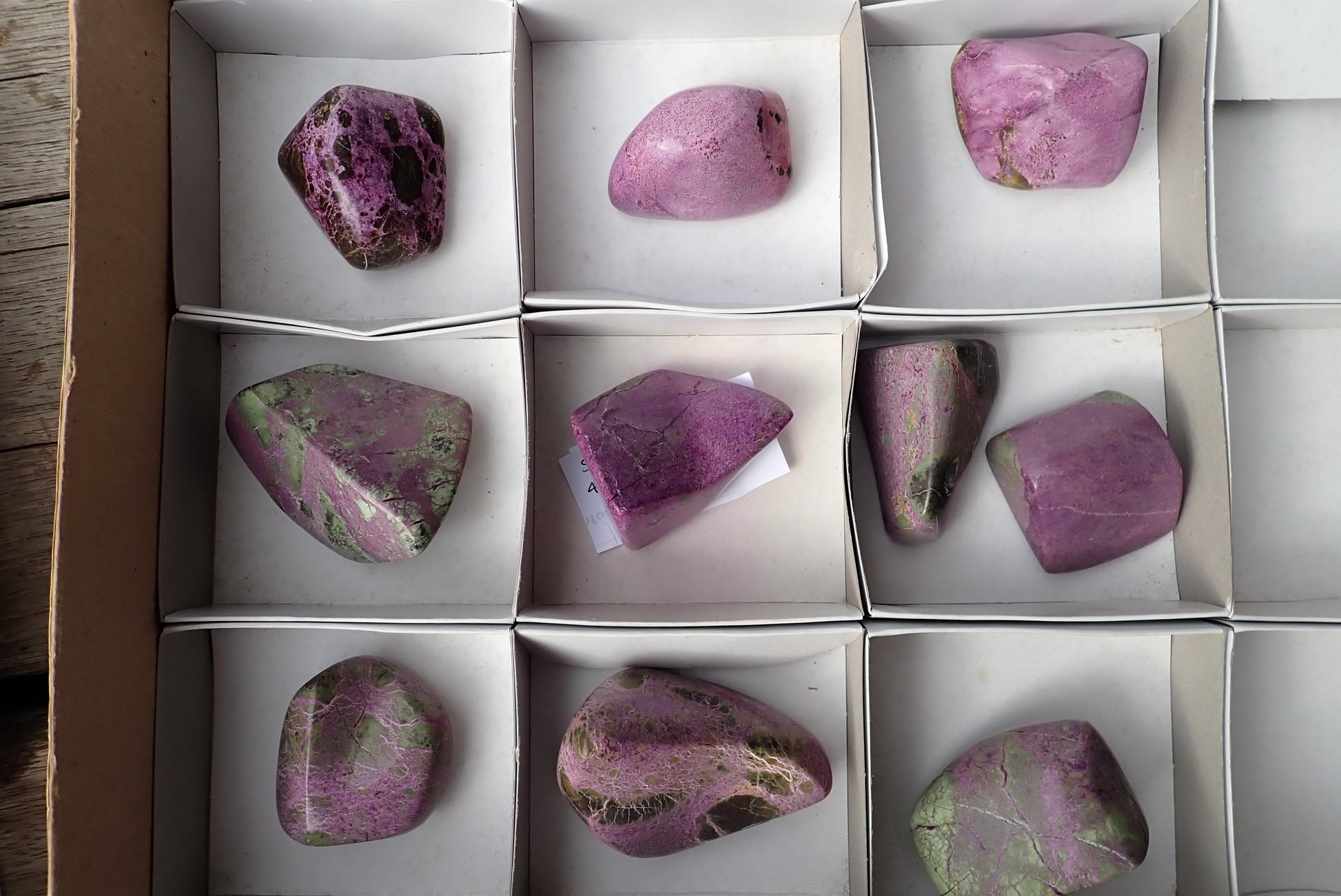 Stichtite-Serpentine freeform lot 10 pcs – full batch view, mixed purple and green, 43–77 mm, Barberton South Africa