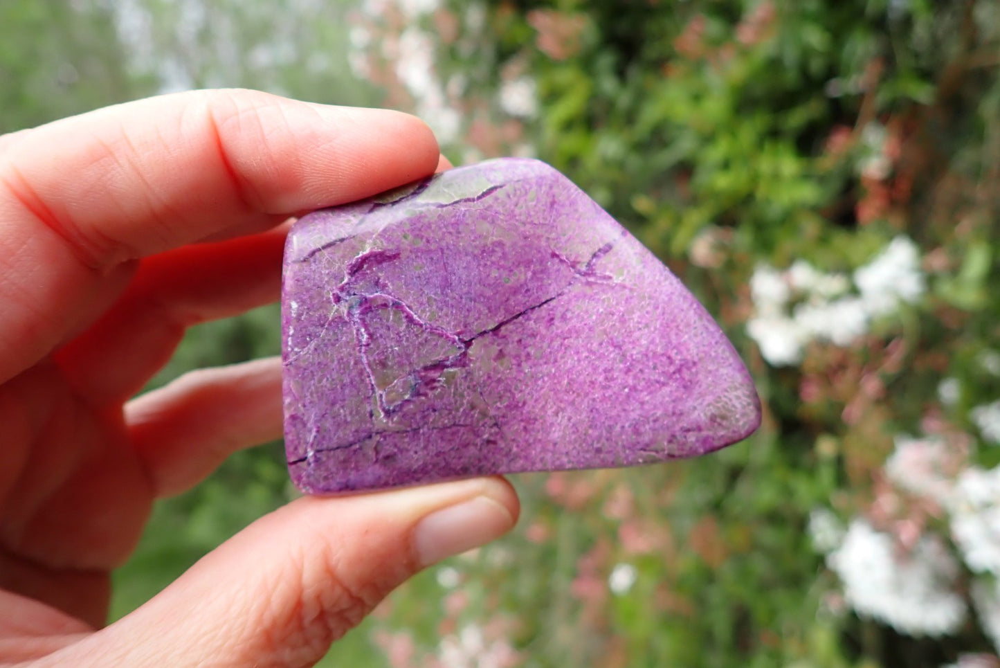 Stichtite-Serpentine freeform 43–77 mm – in hand, lilac Stichtite with white silica veining, Barberton South Africa