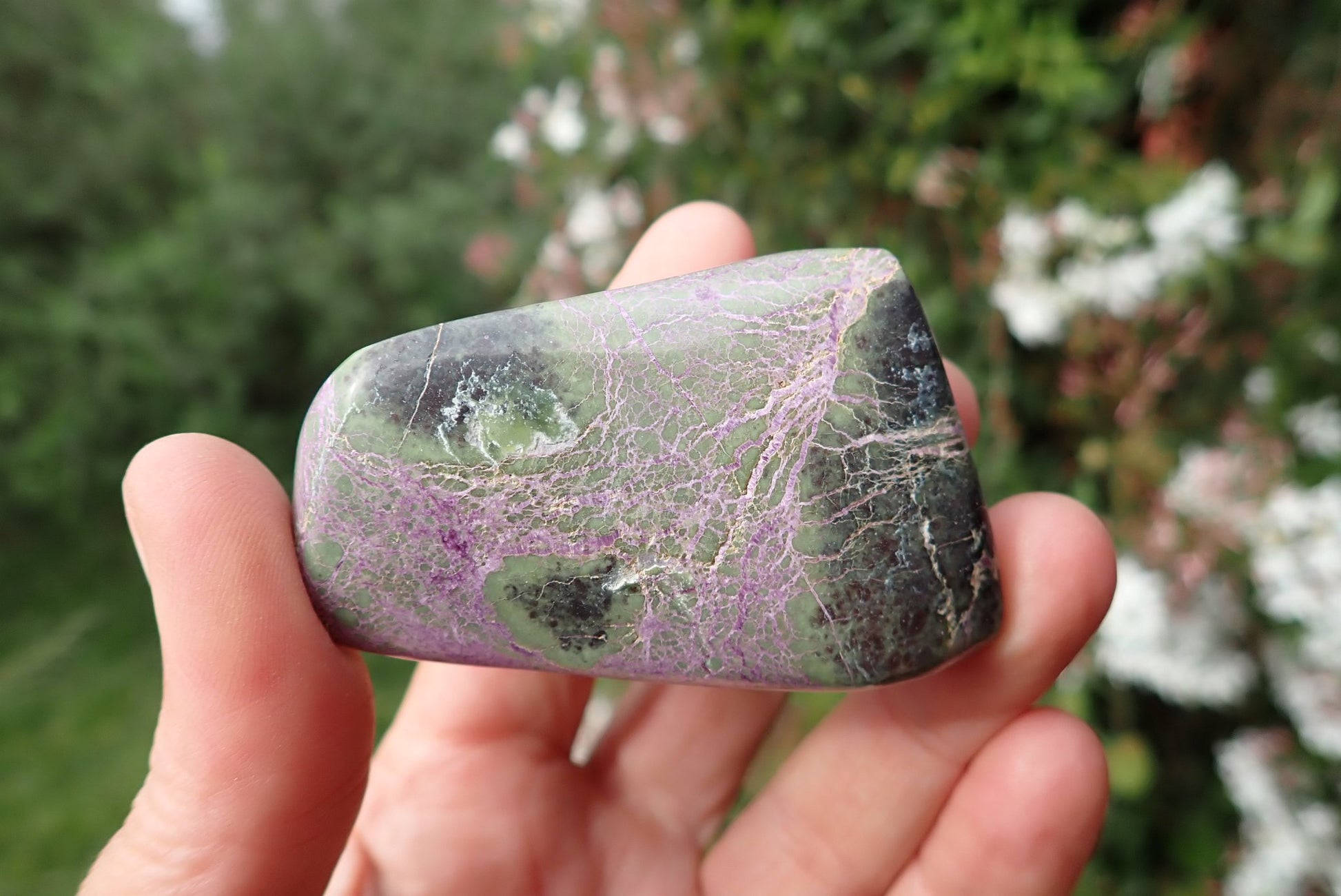 Stichtite-Serpentine freeform 43–77 mm – in hand, Serpentine with veins of Stichtite, Barberton South Africa