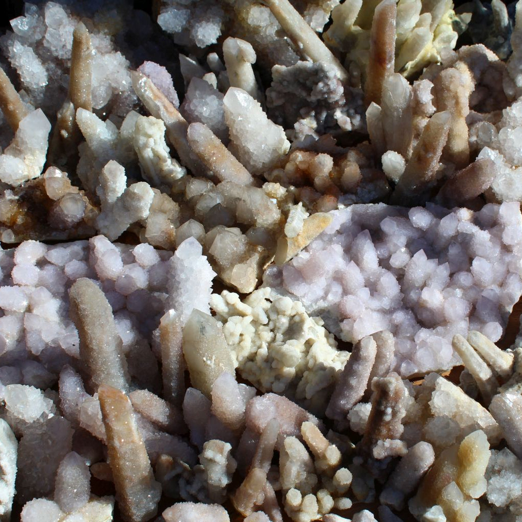 Wholesale white cactus quartz South Africa – bulk lot spread showing mixed finger and compact formations, white to lilac drusy coverage, natural cleaned condition | SKU SPQW