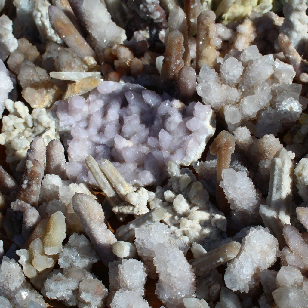 Wholesale white cactus quartz South Africa – overhead view of mixed cactus quartz formations showing formation diversity, lilac druzy cluster centrepiece surrounded by white finger crystals | SKU SPQW