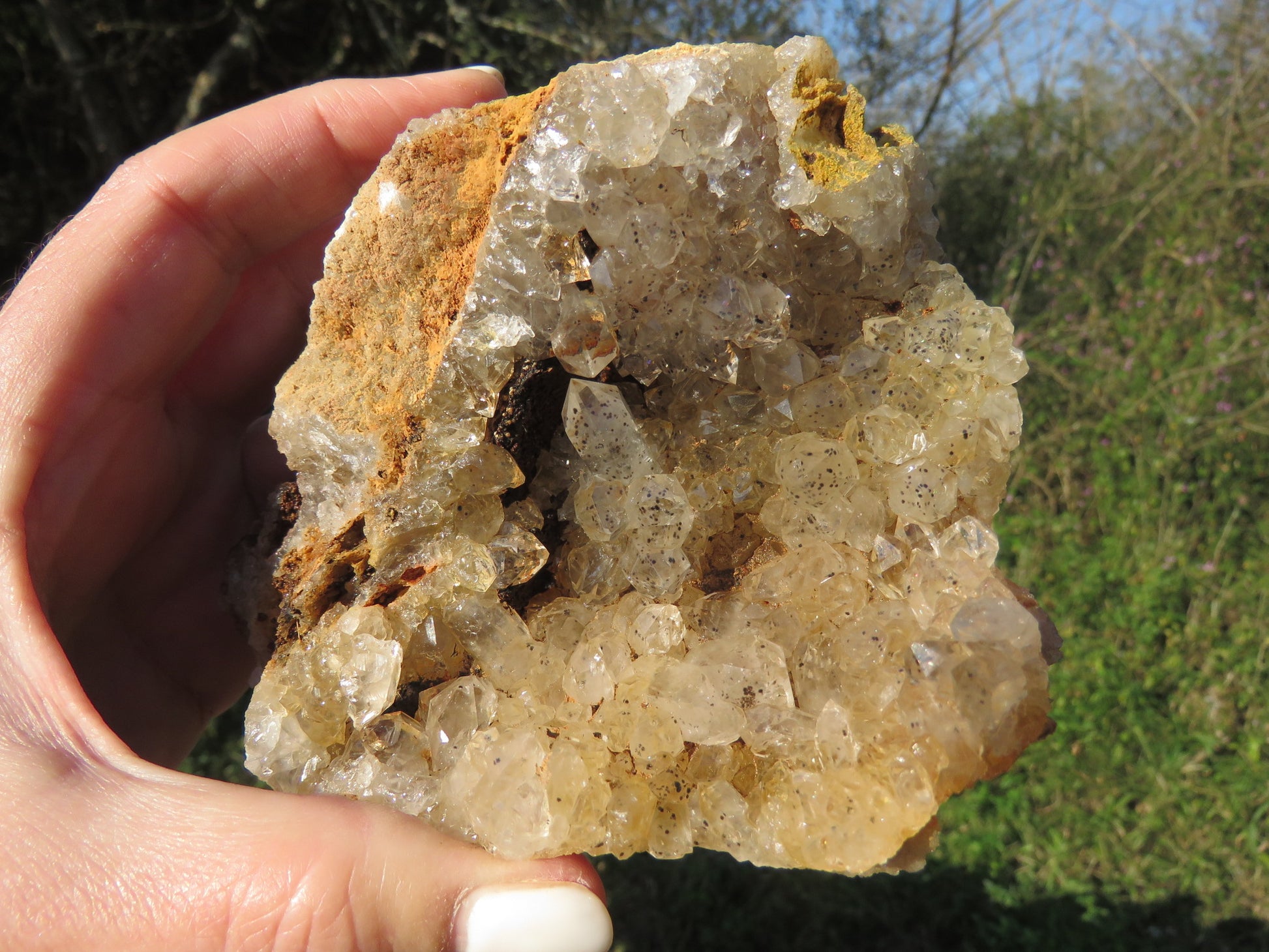 Wholesale limonite quartz Zambia – in-hand specimen showing pale druzy coverage with mineral inclusions in compact globular formations on matrix base, natural unpolished finish | SKU LIMkg