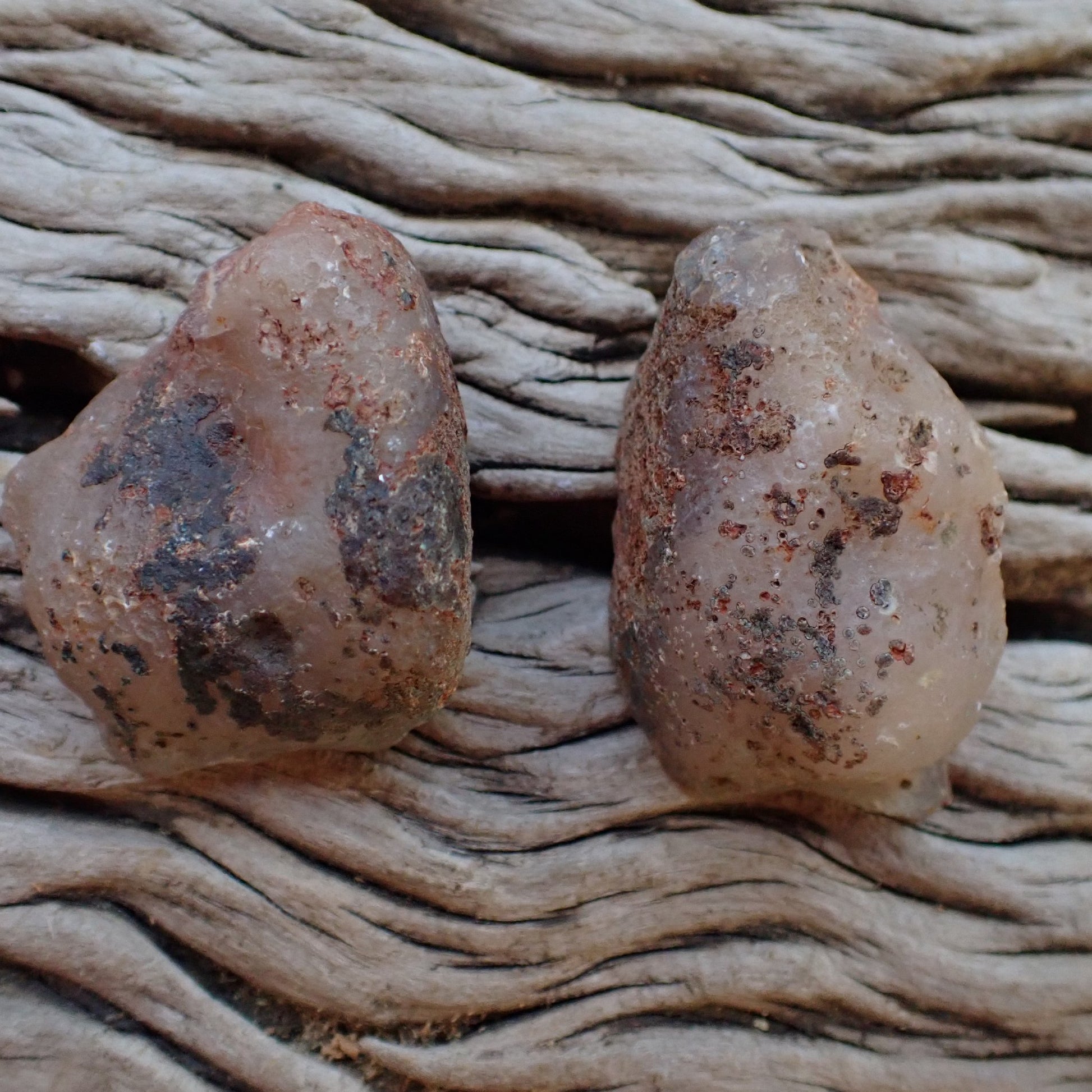Matched Malawi agate pair 43 mm & 42 mm – unpolished rinds, natural granular surface, Ngabu Malawi | SKU 000492