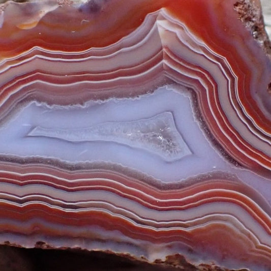 close up of malawi agate showing central crystalline chamber